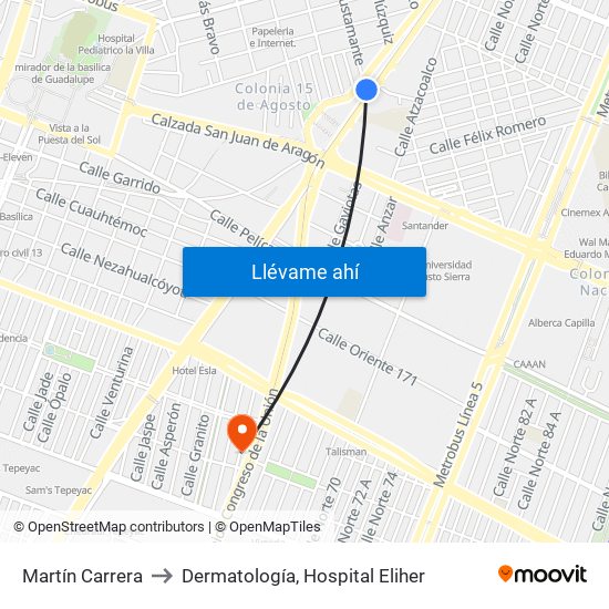 Martín Carrera to Dermatología, Hospital Eliher map