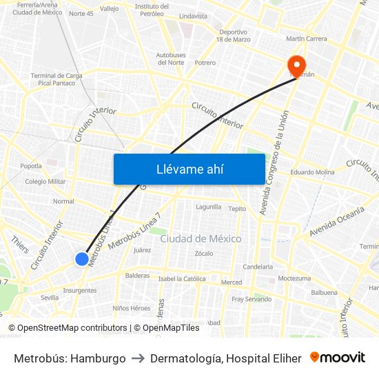 Metrobús: Hamburgo to Dermatología, Hospital Eliher map