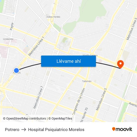 Potrero to Hospital Psiquiatrico Morelos map