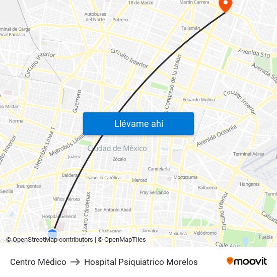 Centro Médico to Hospital Psiquiatrico Morelos map