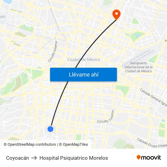 Coyoacán to Hospital Psiquiatrico Morelos map