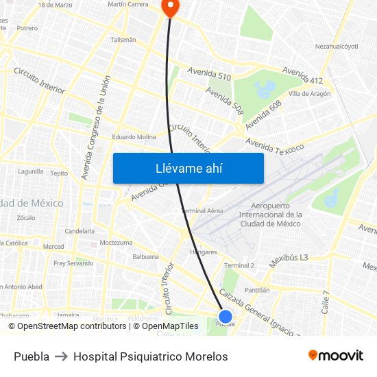 Puebla to Hospital Psiquiatrico Morelos map