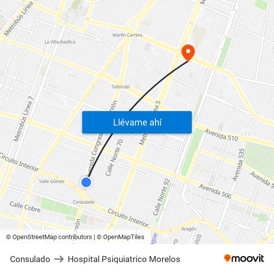 Consulado to Hospital Psiquiatrico Morelos map