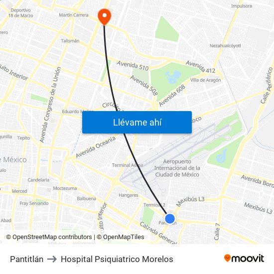 Pantitlán to Hospital Psiquiatrico Morelos map