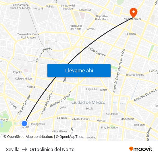 Sevilla to Ortoclinica del Norte map