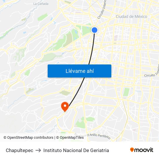 Chapultepec to Instituto Nacional De Geriatria map