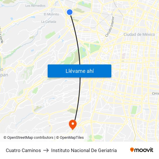 Cuatro Caminos to Instituto Nacional De Geriatria map