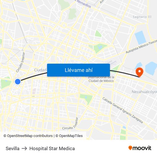 Sevilla to Hospital Star Medica map