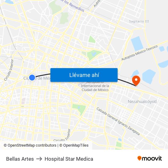 Bellas Artes to Hospital Star Medica map