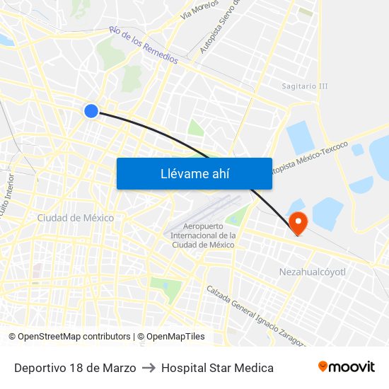 Deportivo 18 de Marzo to Hospital Star Medica map