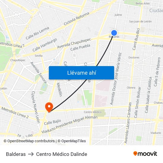 Balderas to Centro Médico Dalinde map