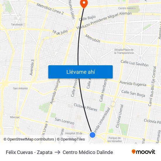 Félix Cuevas - Zapata to Centro Médico Dalinde map
