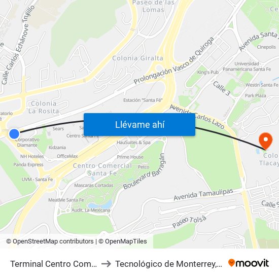 Terminal Centro Comercial Santa Fé to Tecnológico de Monterrey, Campus Santa Fe map