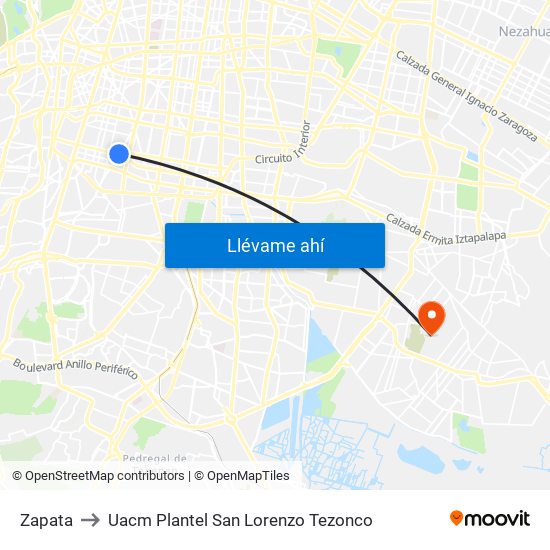 Zapata to Uacm Plantel San Lorenzo Tezonco map