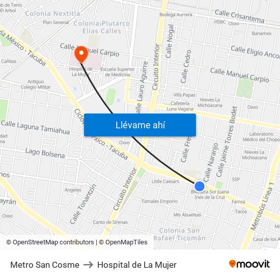 Metro San Cosme to Hospital de La Mujer map