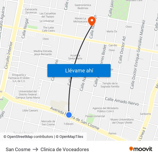 San Cosme to Clinica de Voceadores map