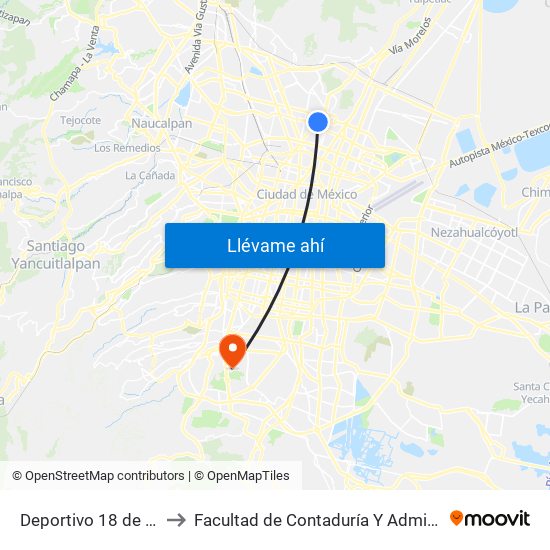 Deportivo 18 de Marzo to Facultad de Contaduría Y Administración map