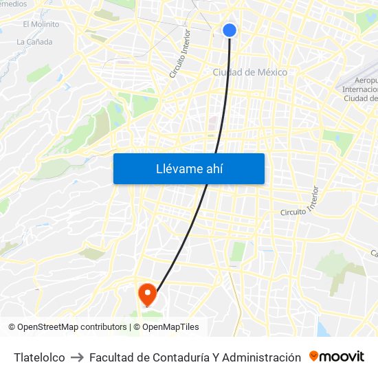 Tlatelolco to Facultad de Contaduría Y Administración map