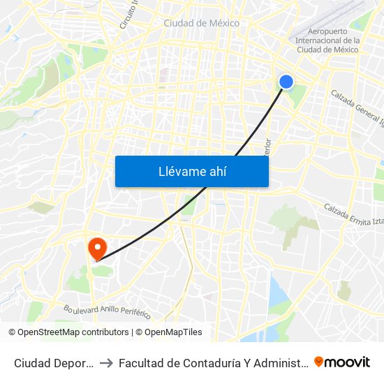 Ciudad Deportiva to Facultad de Contaduría Y Administración map