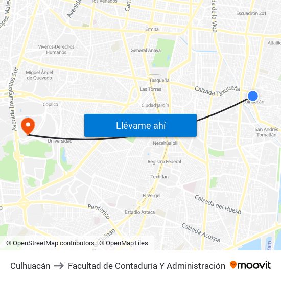 Culhuacán to Facultad de Contaduría Y Administración map