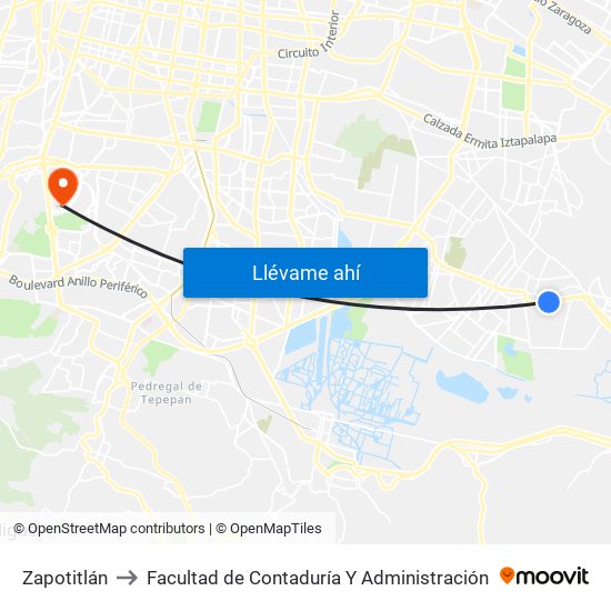 Zapotitlán to Facultad de Contaduría Y Administración map