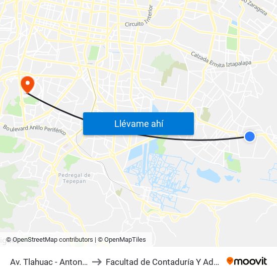 Av. Tlahuac - Antonio Sierra to Facultad de Contaduría Y Administración map