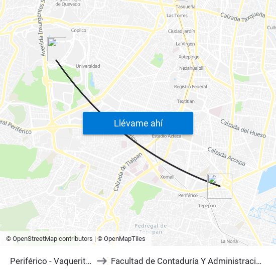 Periférico - Vaqueritos to Facultad de Contaduría Y Administración map