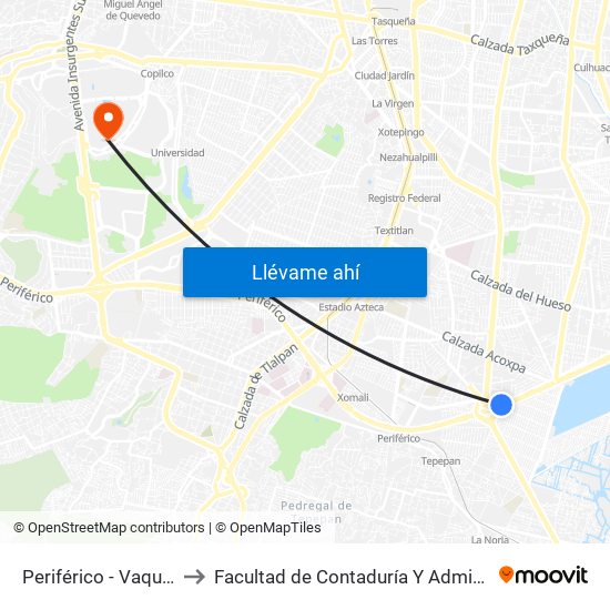 Periférico - Vaqueritos to Facultad de Contaduría Y Administración map
