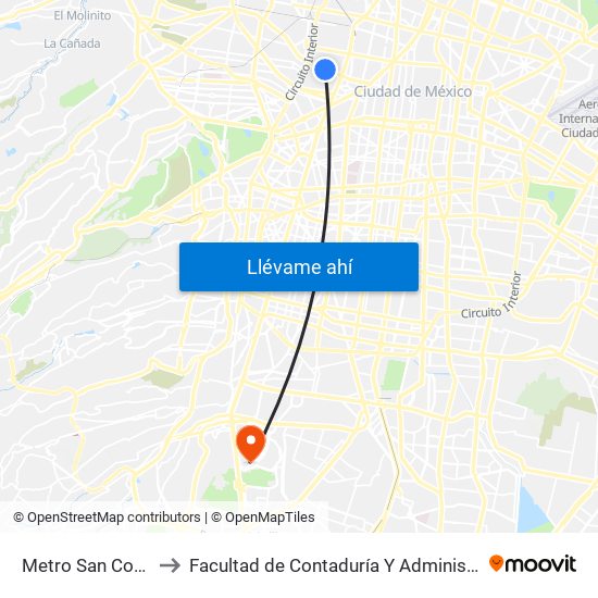Metro San Cosme to Facultad de Contaduría Y Administración map