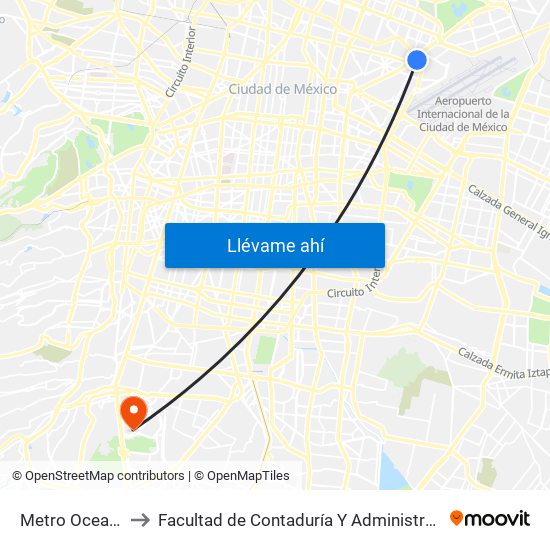 Metro Oceania to Facultad de Contaduría Y Administración map