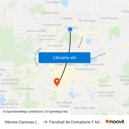 Héroes-Canosas (Mexibús) to Facultad de Contaduría Y Administración map