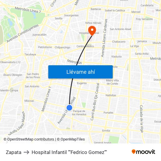 Zapata to Hospital Infantil ""Fedrico Gomez"" map