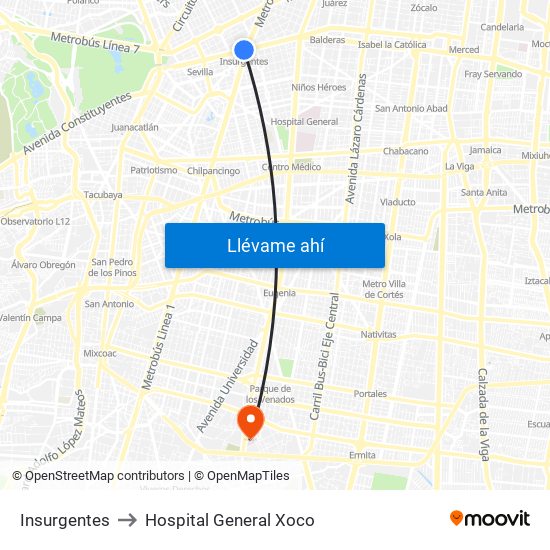 Insurgentes to Hospital General Xoco map