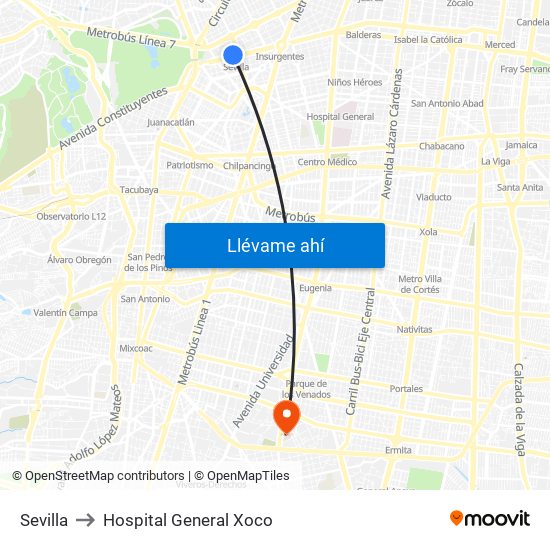 Sevilla to Hospital General Xoco map