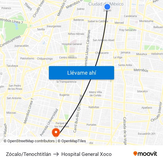 Zócalo/Tenochtitlán to Hospital General Xoco map