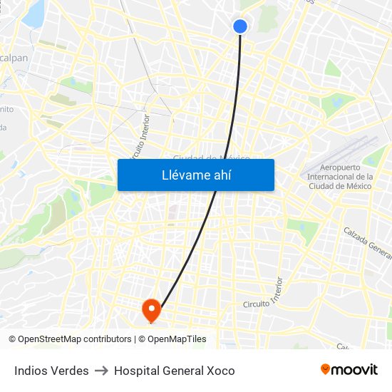 Indios Verdes to Hospital General Xoco map