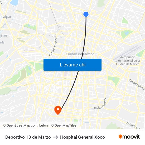 Deportivo 18 de Marzo to Hospital General Xoco map