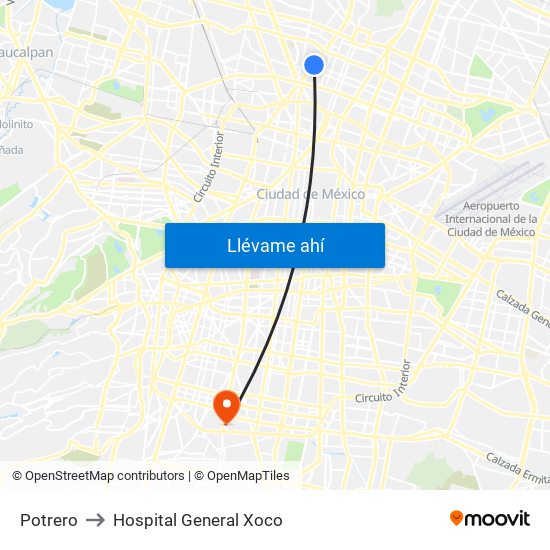 Potrero to Hospital General Xoco map