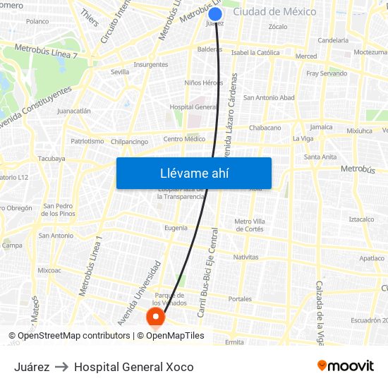 Juárez to Hospital General Xoco map