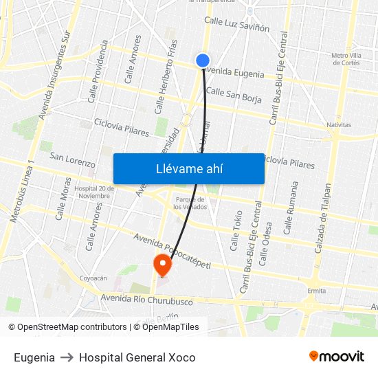 Eugenia to Hospital General Xoco map