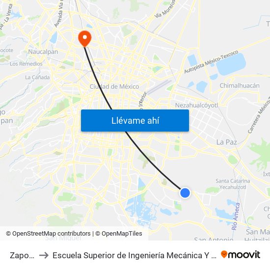 Zapotitlán to Escuela Superior de Ingeniería Mecánica Y Eléctrica Azcapotzalco map