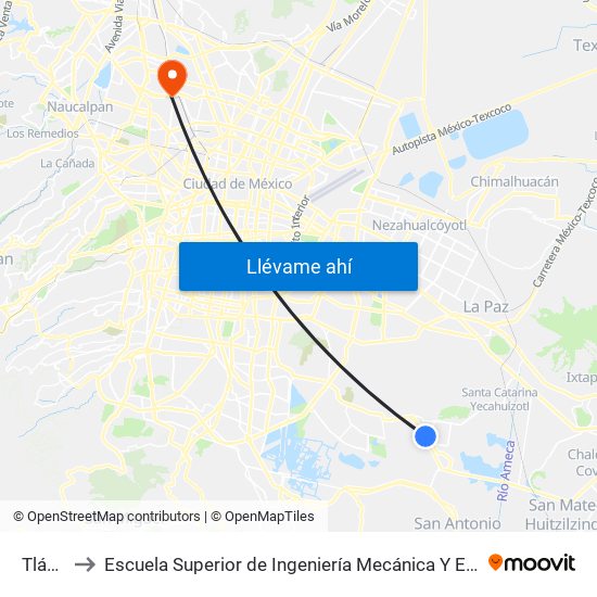 Tláhuac to Escuela Superior de Ingeniería Mecánica Y Eléctrica Azcapotzalco map