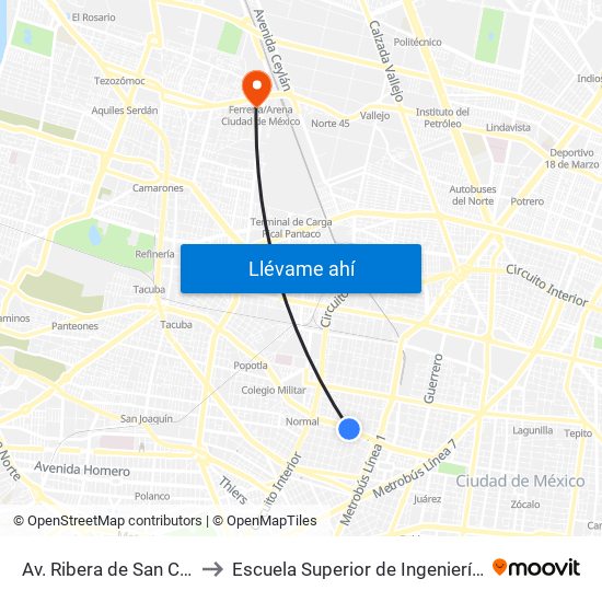 Av. Ribera de San Cosme - Metro San Cosmo to Escuela Superior de Ingeniería Mecánica Y Eléctrica Azcapotzalco map