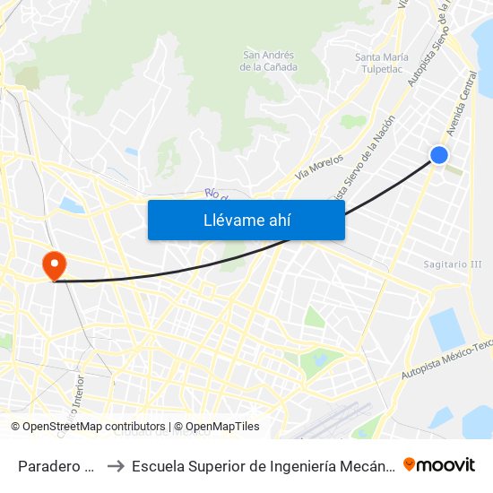 Paradero Cd. Azteca to Escuela Superior de Ingeniería Mecánica Y Eléctrica Azcapotzalco map