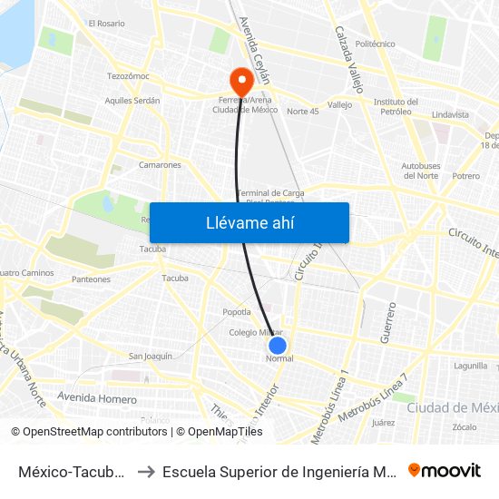 México-Tacuba - Metro Normal to Escuela Superior de Ingeniería Mecánica Y Eléctrica Azcapotzalco map