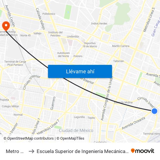 Metro Oceania to Escuela Superior de Ingeniería Mecánica Y Eléctrica Azcapotzalco map