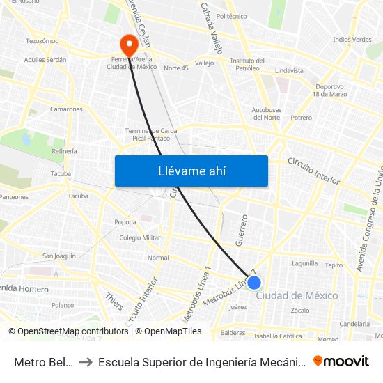 Metro Bellas Artes to Escuela Superior de Ingeniería Mecánica Y Eléctrica Azcapotzalco map