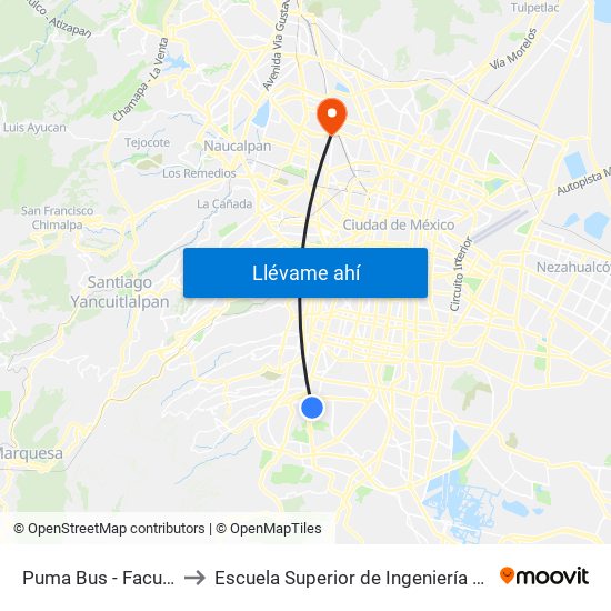 Puma Bus - Facultad de Arquitectura to Escuela Superior de Ingeniería Mecánica Y Eléctrica Azcapotzalco map