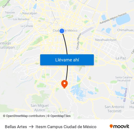 Bellas Artes to Itesm Campus Ciudad de México map