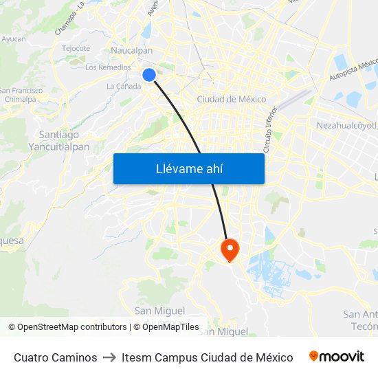 Cuatro Caminos to Itesm Campus Ciudad de México map